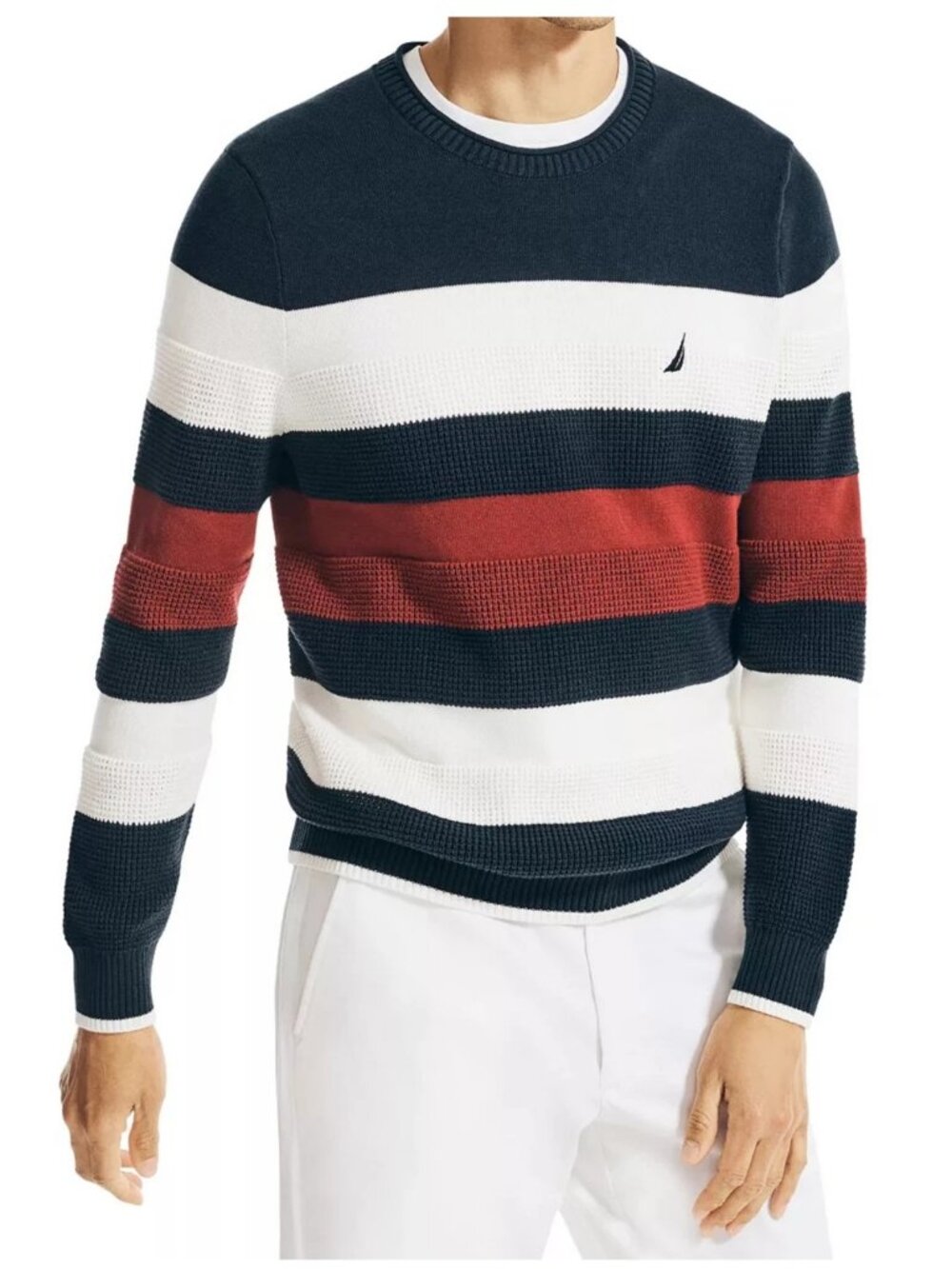 Nautica Men's Classic-Fit Textured Stripe Pullover Sweater, Red White Blue, XS